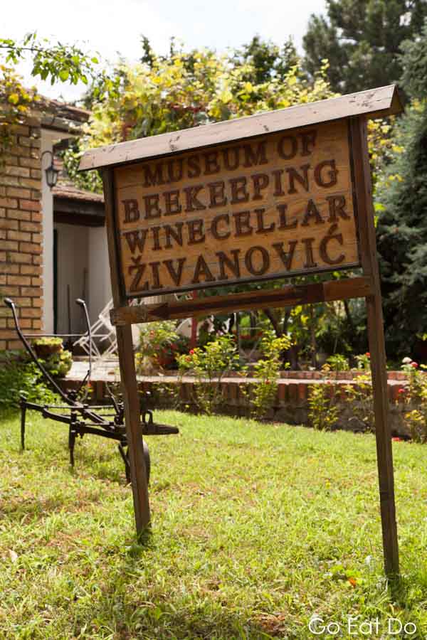 Sign for the Živanović Museum of Beekeeping and Wine Cellar in Sremski Karlovci, Serbia
