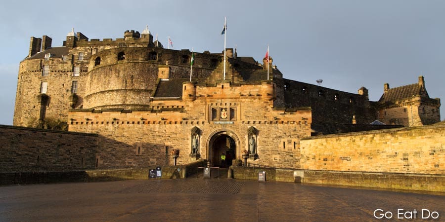 The gatehouse of Edinburgh Castle, seen from the Royal Mile, on Castle Rock in Scotland's capital city.