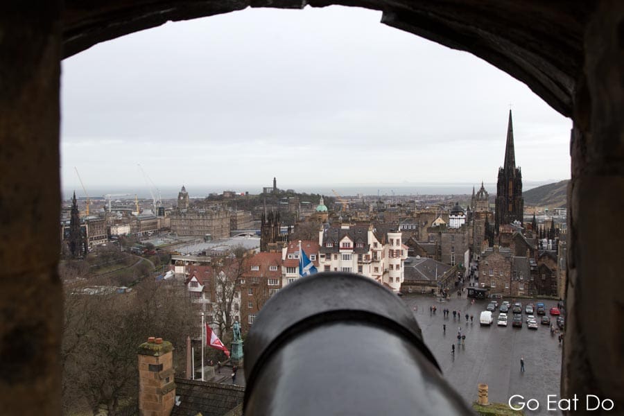 Cannon pointing out over the city from Edinburgh Castle in Edinburgh, Scotland
