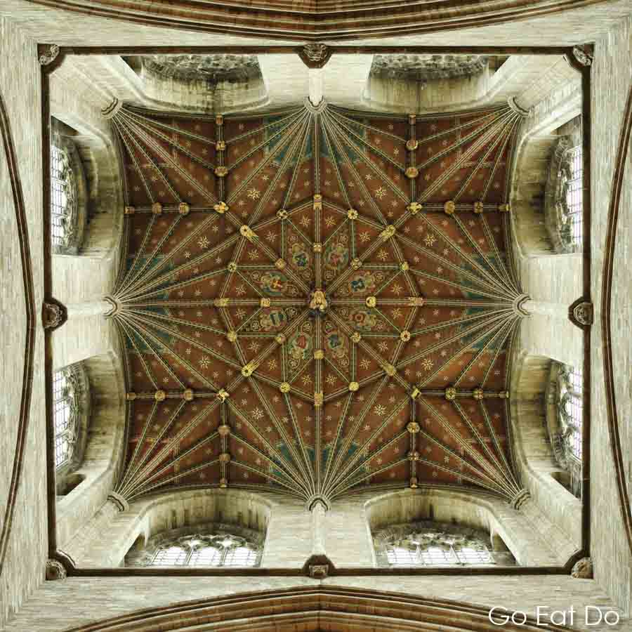 Ribbed bosses decorate the ceiling of the central tower in Peterborough Cathedral