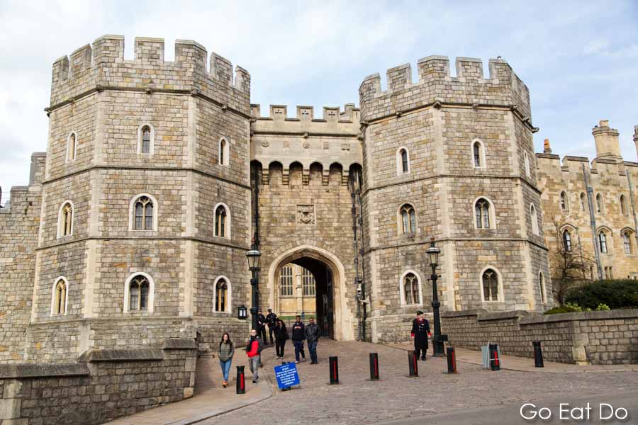 Entrance gate between octagonal towers at Windsor Castle, a royal residence in Windsor, England