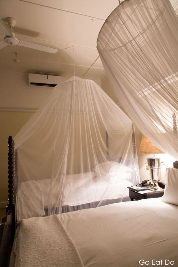 Mosquito nets in a badroom of the Victoria Falls Hotel in Zimbabwe