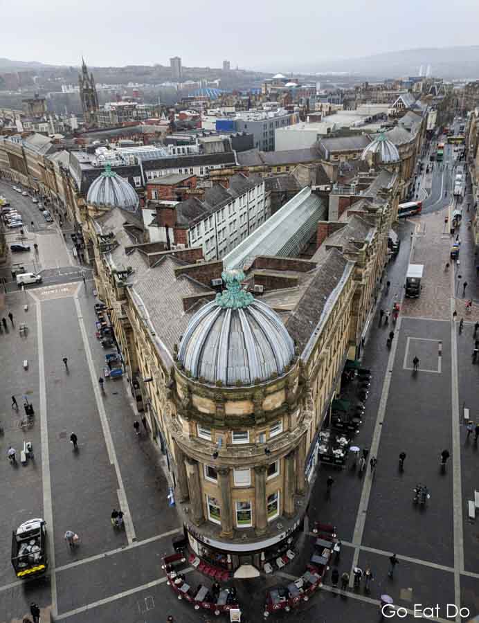 City centre buildings seen from the viewing platform after climbing Grey's Monument in Newcastle upon Tyne