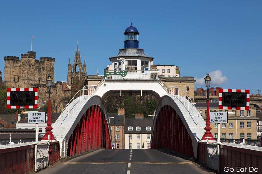 Landmarks including the Swing Bridge, Newcastle Castle and spire of St Nicholas Cathedral in Newcastle upon Tyne