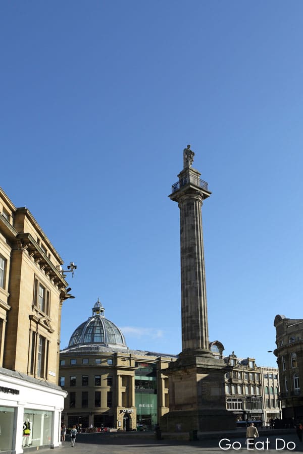 Grey's Monument under a blue sky on a sunny day in Grainger Town in Newcastle-upon-Tyne in northeast England