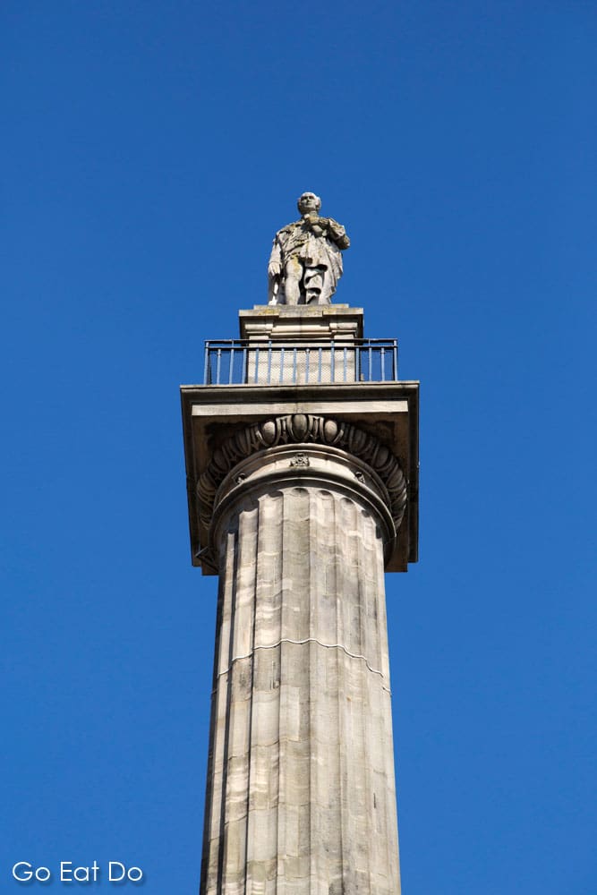 Statue of British Prime Minister Charles, Earl Grey on Grey's Monument in central Newcastle, The Grade 1 Listed Building which can be climbed on selected dates