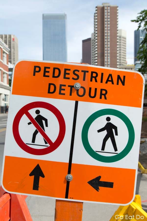 Sign for a pedestrian detour in Calgary, Alberta, Canada