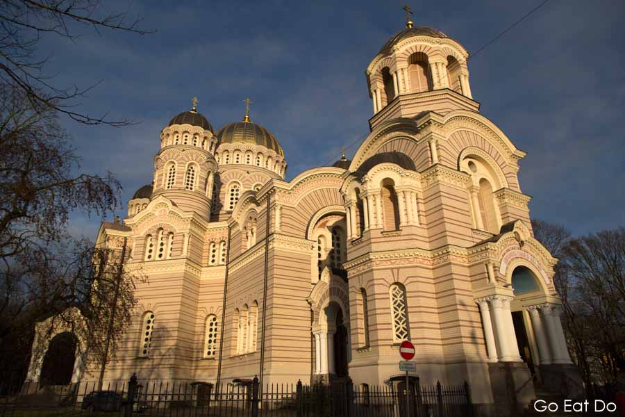 Nativity of Christ Cathedral Russian Orthodox place of worship on a sunny winter day in Riga, Latvia