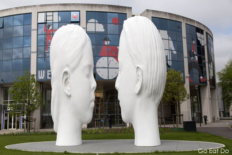 The two heads of the fountain 'Love' by artist Jaume Plensa in Leeuwarden the Netherlands, one of Friesland's 11 Fountains
