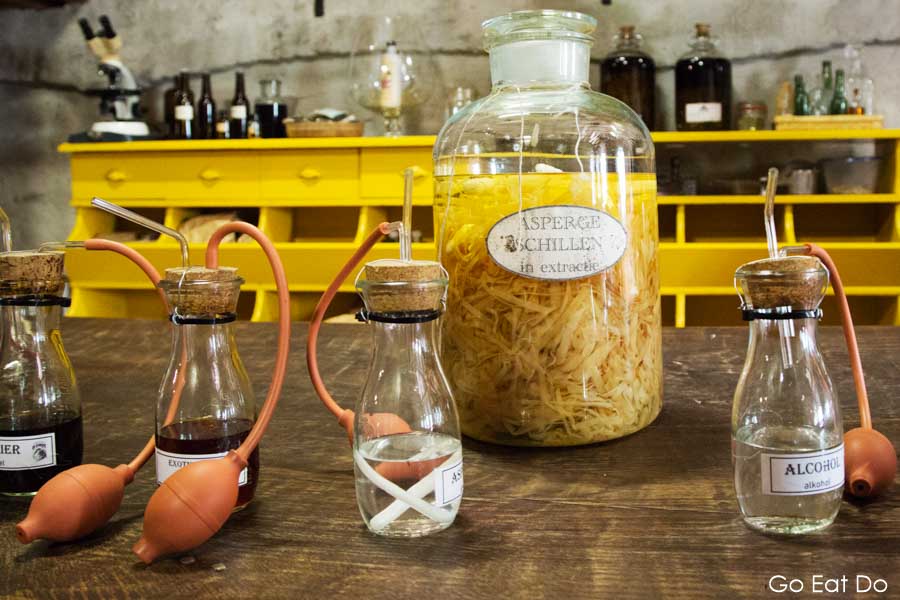 Demijohn filled with asparagus peelings to make liqueur at the Eisvogel distillery at Arcen in Limburg, the Netherlands