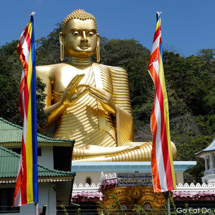 Golden Buddha statue and colourful Buddhist flags on a sunny day at Dambulla in Sri Lanka