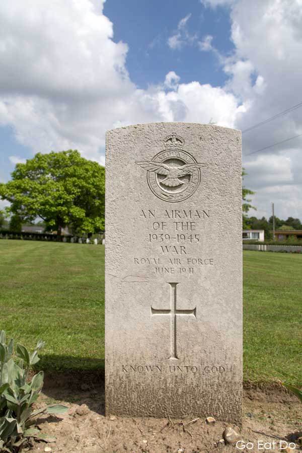 A headstone recording the last resting place of the remains of an airman of World War Two, downed in action during June 1941. It stands in the Longuenesse (St Omer) Souvenir Cemetery.