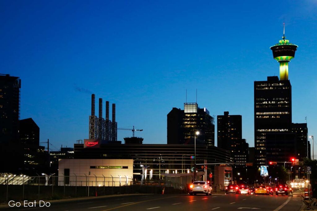 Cycling in Calgary is a great way to explore the Canadian city, whose skyline can be seen here at night.