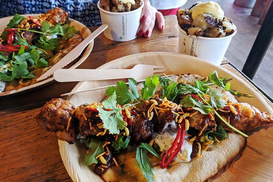 Monkfish kebab served on freshly baked bread with a side of potatoes at Riley's Fish Shack at Tynemouth in north-east England