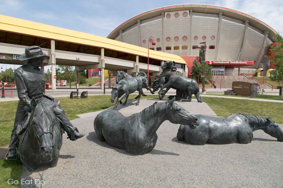 Equine sculpture by the Scotia Saddledome at the Calgary Stampede grounds depicting the Western heritage of Alberta.