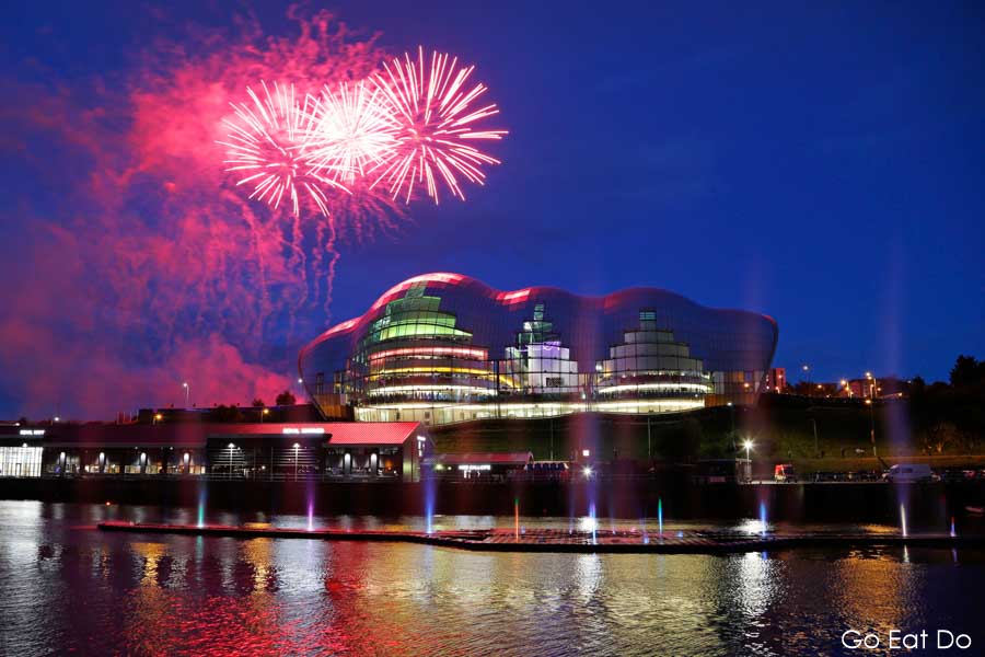 Fireworks in the night sky over the Sage Gateshead during the Great Exhibition of the North opening ceremony in Newcastle
