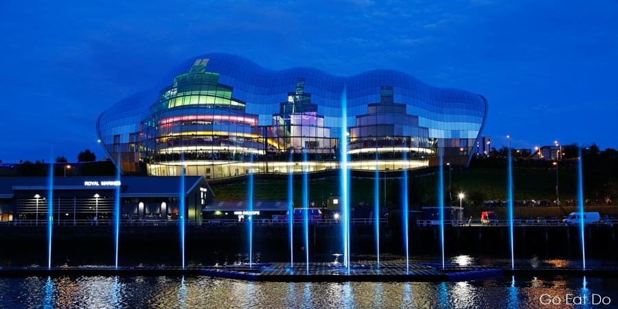 Get North Water Sculpture at night on the River Tyne by Sage Gateshead in Great Exhibition of the North opening ceremony in Newcastle and Gateshead