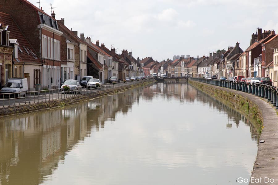 Waterway running by the Quai du Haut Pont in St Omer, France, where RAF pilot Douglas Bader was recaptured in World War Two.