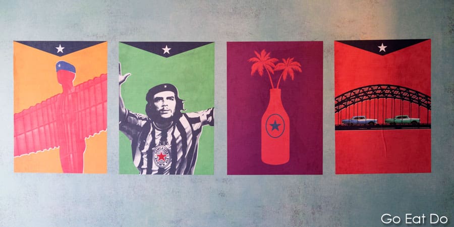 Cubano-Geordie artwork showing The Angel of the North wearing a revolutionary beret and Alan Shearer morphed into Che Guevara at Revolucion de Cuba in Newcastle