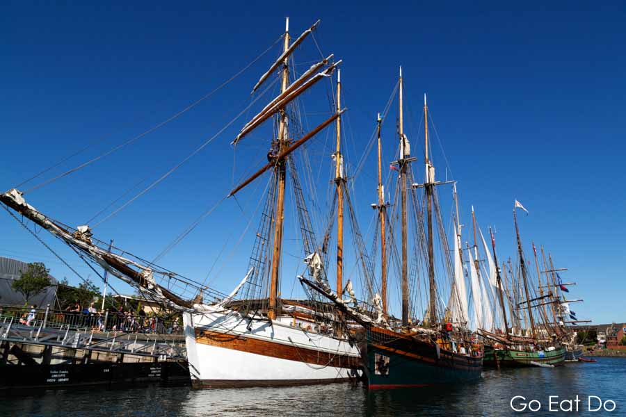 Sailing ships on the River Wear on a sunny day during the 2018 Tall Ships Race in Sunderland, England