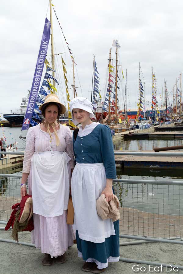 Musicians in historic costumes at the Hudson Dock during the 2018 Tall Ships race in Sunderland, England