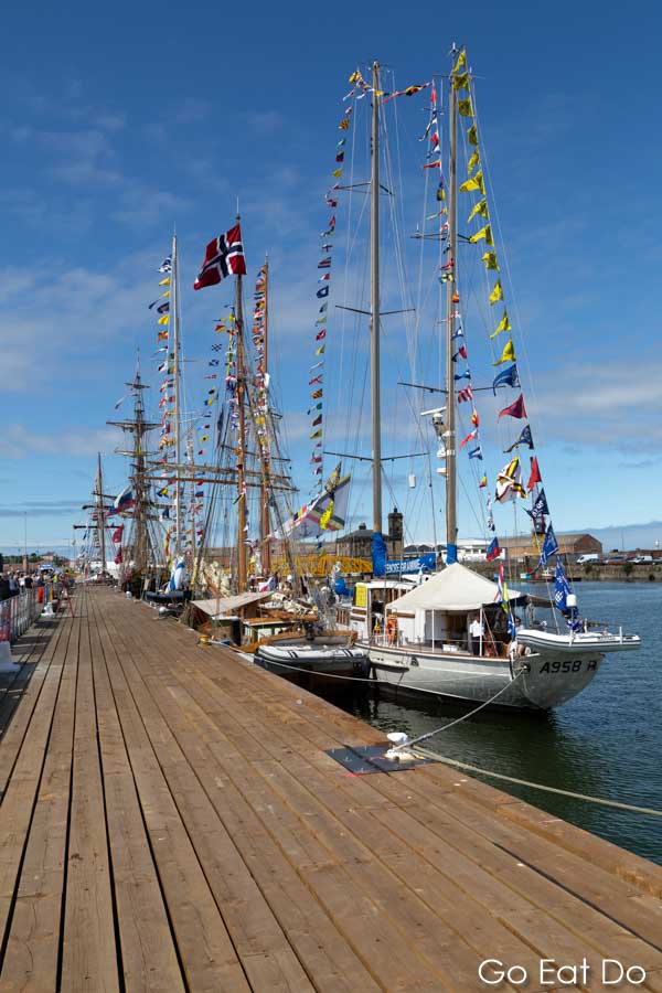 Sailing ships moored at the Hudson Dock during the 2018 Tall Ships Race in Sunderland, England