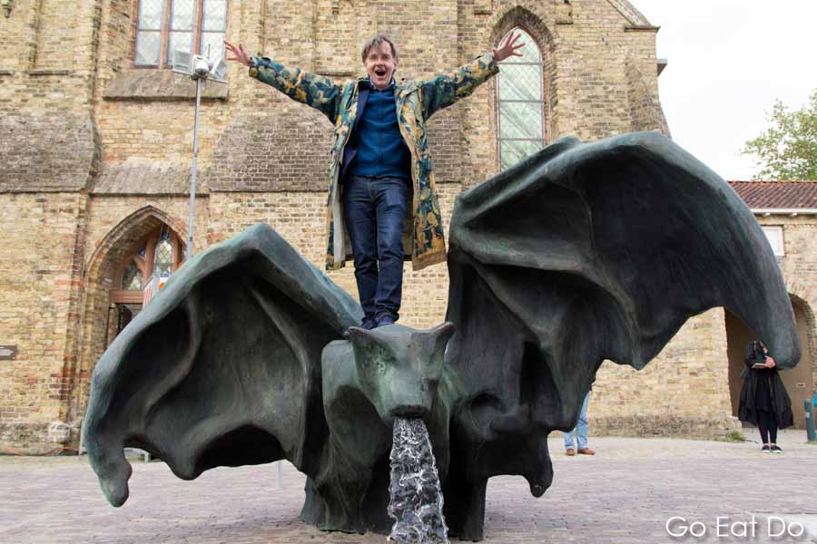 Artist Johan Creten by his fountain De Vleermuis (The Bat) in Bolsward, the Netherlands.