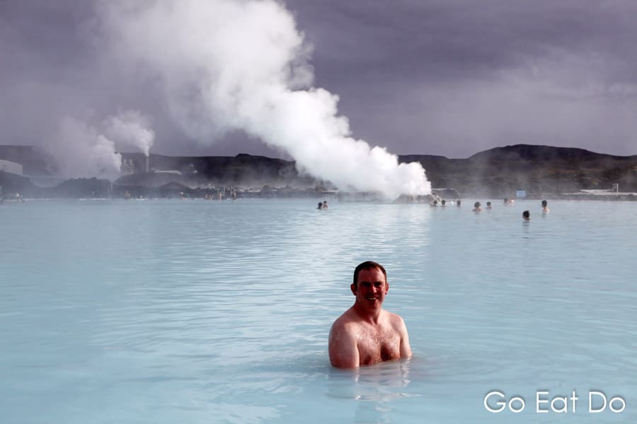 Travel blogger Stuart Forster relaxing in the heated pool of the Blue Lagoon in Iceland