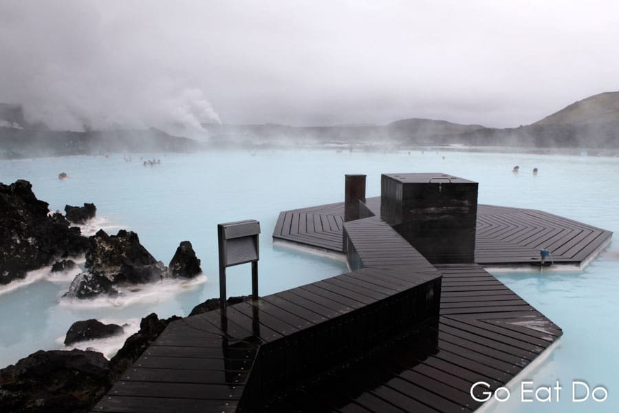 Wooden walkways by the edge of the warm pool at the Blue Lagoon near Keflavik, Iceland