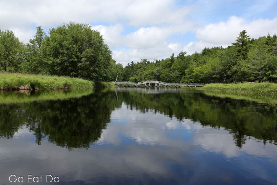 Calm water reflecting the sky on a summer's day in Kejimkujik National Park, or Keji, in Nova Scotia, Canada