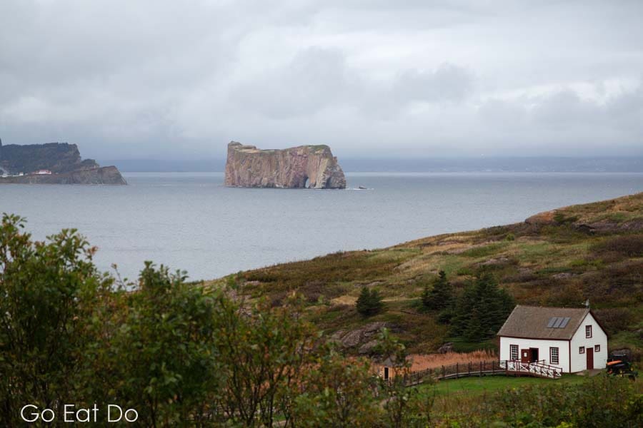 Cafe on Bonaventure Island and a view of the Perce Rock in Quebec, Canada