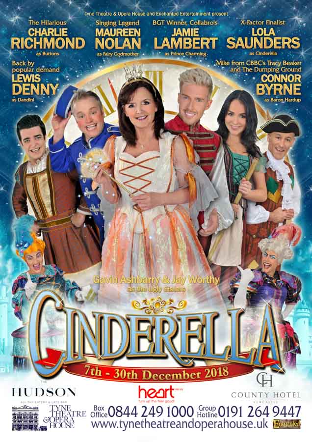 Poster with Charlie Richmond, Maureen Nolan and Jamie Lambert advertising Cinderella, the 2018 winter pantomime at Tyne Theatre and Opera House in Newcastle, England