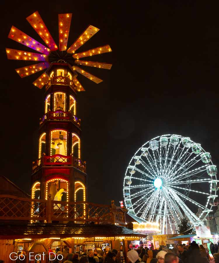 Festive lights in the night sky at Arras Christmas market in northern France