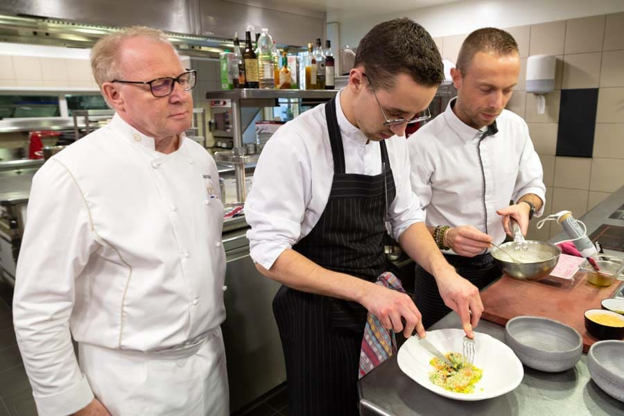 Marc Meurin and his team during a cookery lesson at Le Meurin restaurant at the Château de Beaulieu hotel in Busnes, France