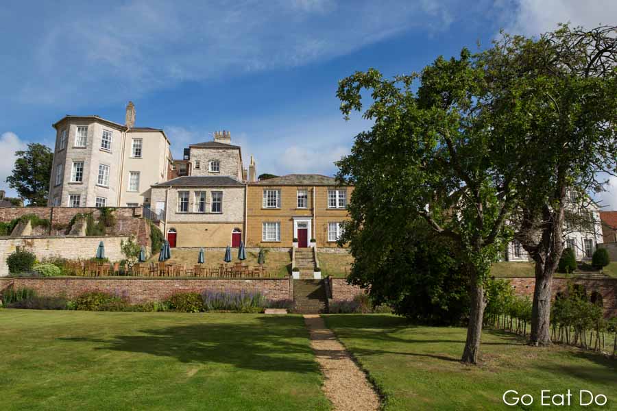 Gardens of the Talbot Hotel on a sunny, summer's day in Malton, North Yorkshire