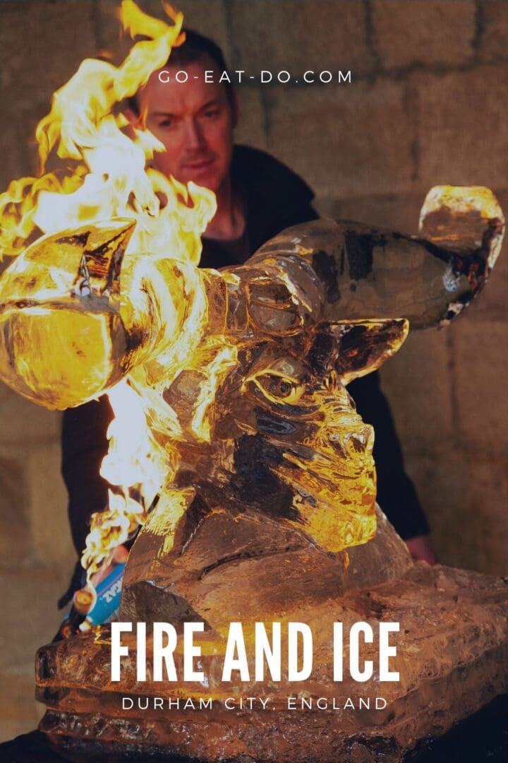 Pinterest Pin for Go Eat Do's blog post with details about the 2022 family-friendly Fire and Ice Durham festival featuring spectacular ice sculptures in Durham City,.