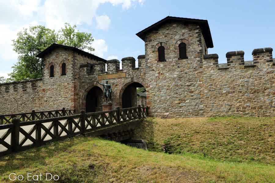 Main gate of the reconstructed Saalburg Roman Fort on the German Limes Route near Bad Homburg, Hesse, Germany