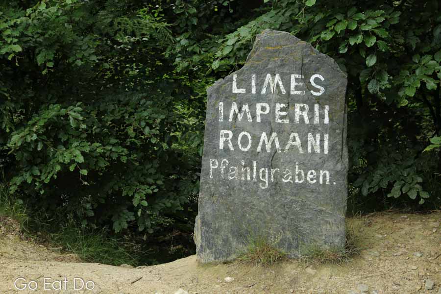 Stone with a sign for 'Limes Imperii Romani' at Saalburg Roman Fort Bad near Homburg, Hesse, Germany