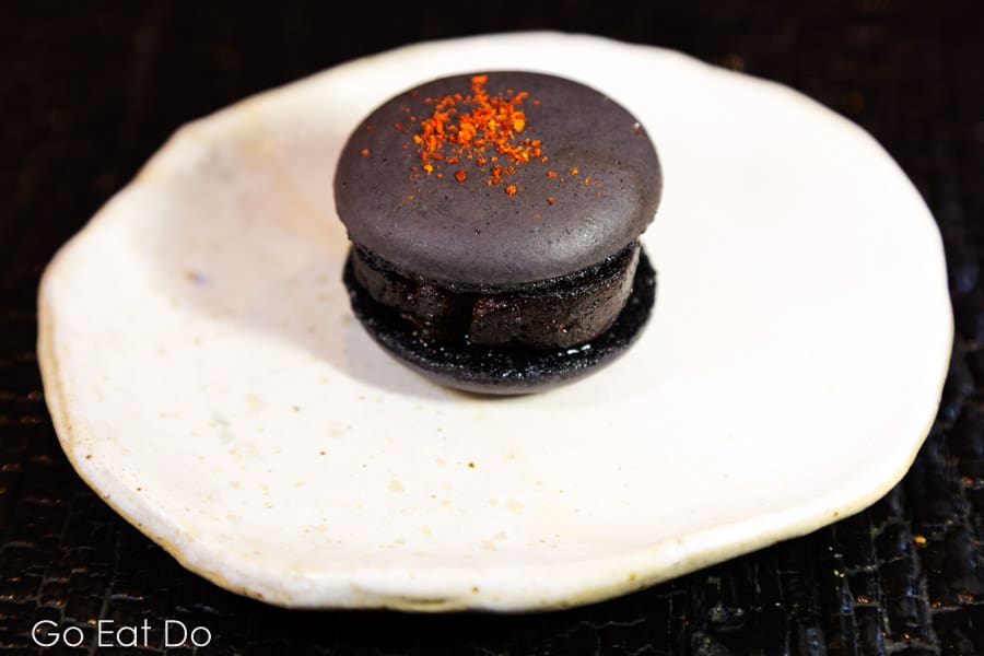 Boudin noir macaron served at Le Cochon Aveugle in York, England.