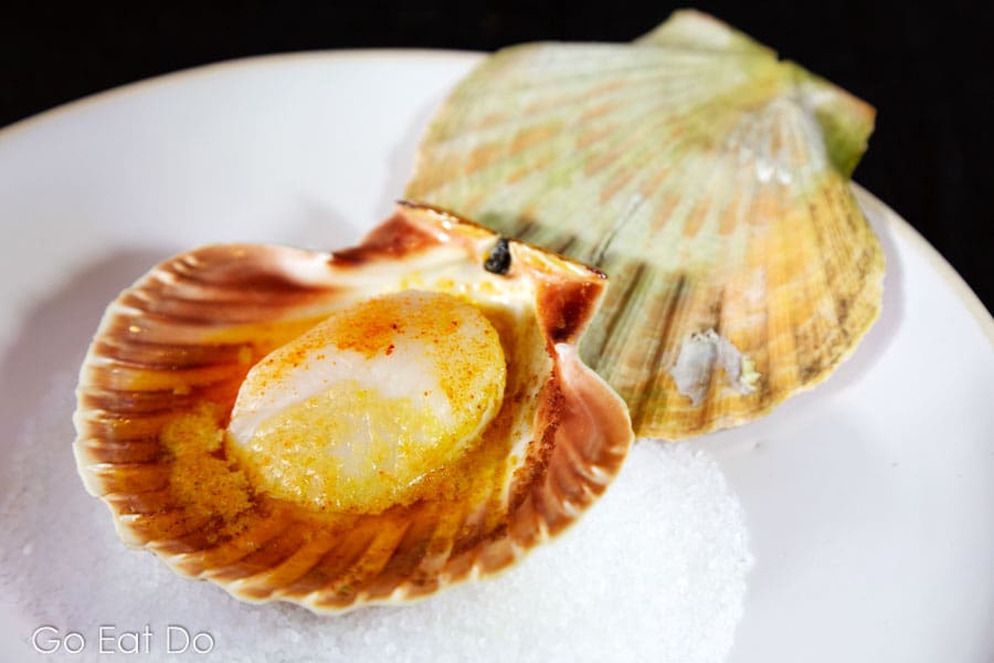 Hand-dived Orkney scallop , cooked a la ficelle in sea urchin butter served at Le Cochon Aveugle