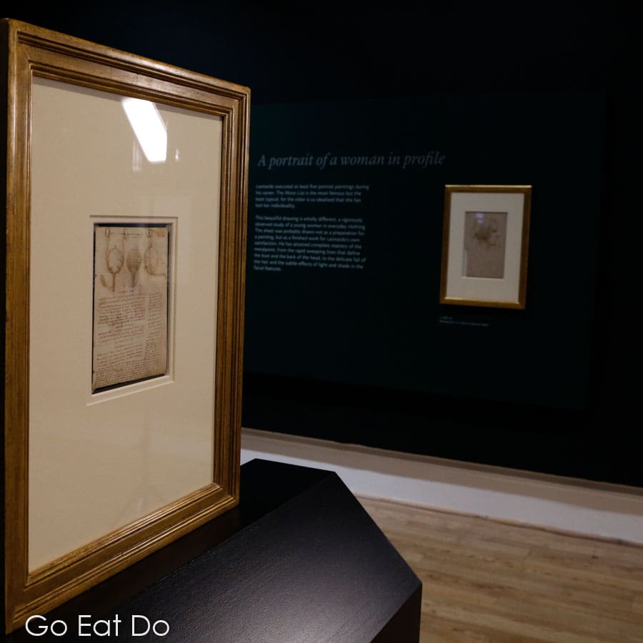 Framed artworks in the 'Leonardo da Vinci: A Life in Drawing' art exhibition at Sunderland Museum and Winter Gardens in North East England.