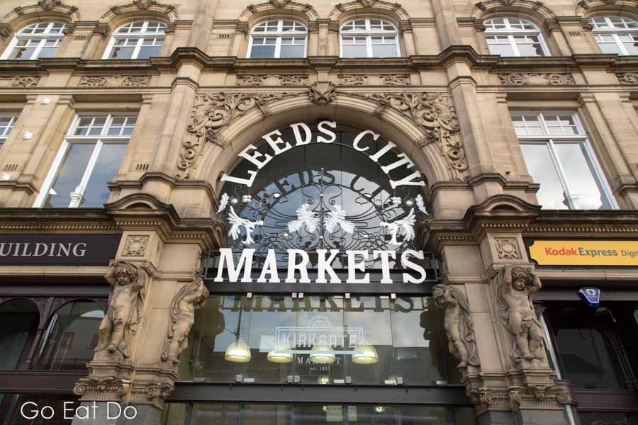 Sign for Leeds City Markets on the Victorian facade of the Kirkgate Market in Leeds, West Yorkshire