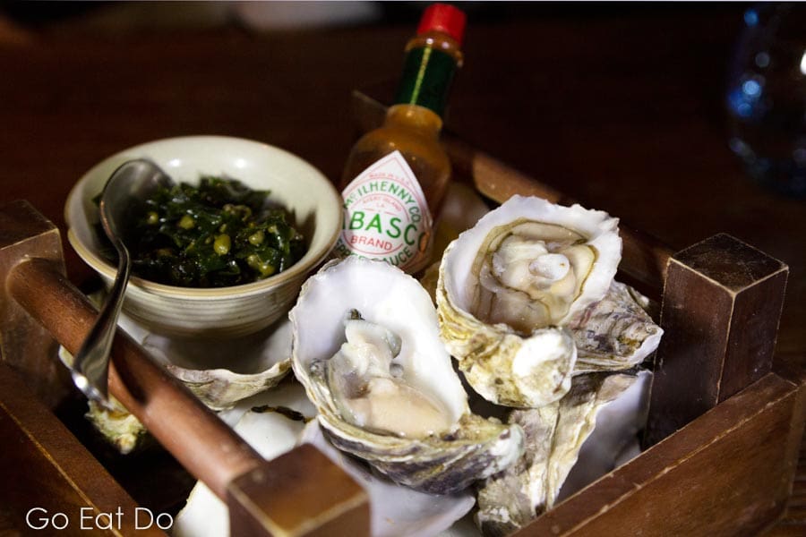 Lindisfarne oysters served with a Mignonette sauce and Tabasco at The Hope and Anchor gastropub in South Ferriby, Lincolnshire