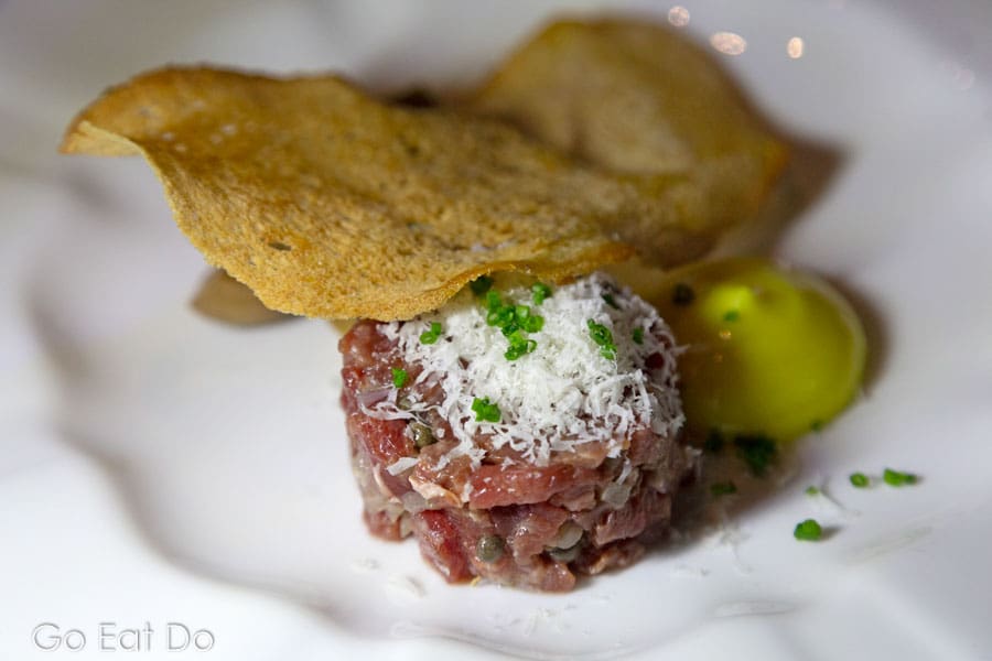 Steak tartare served with a thin slice of crisp bread at the Hope and Anchor, a gastropub in South Ferriby, north Lincolnshire.