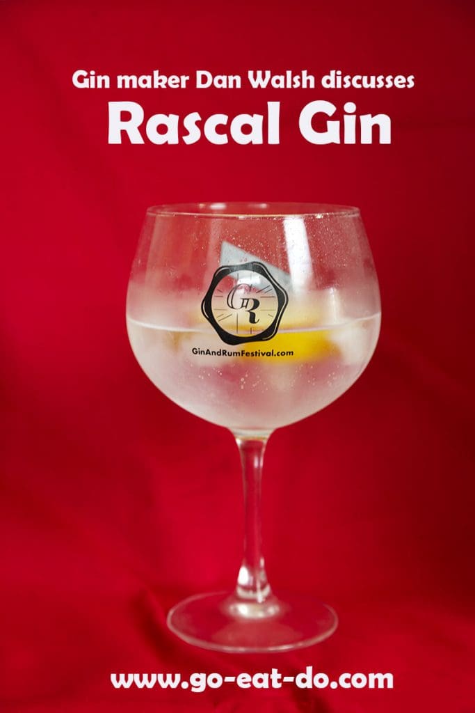 Pineterest pin with glass of gin and tonic against a red background to illustrate an interview with Dan Walsh of Rascal Gin