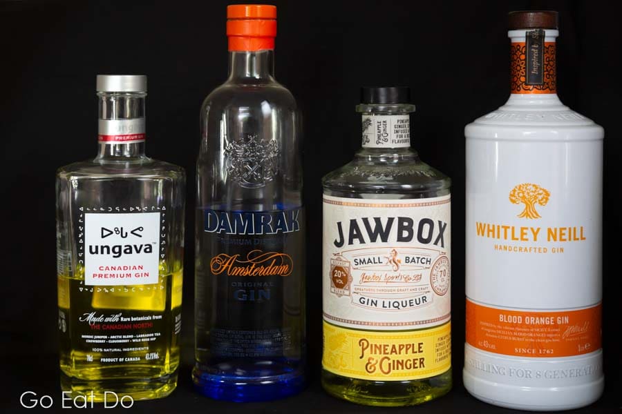 Bottles of Ungava gin, Damrak gin, Jawbox gin liqueur and Whitley Neill premium gin brands from the United Kingdom and beyond.