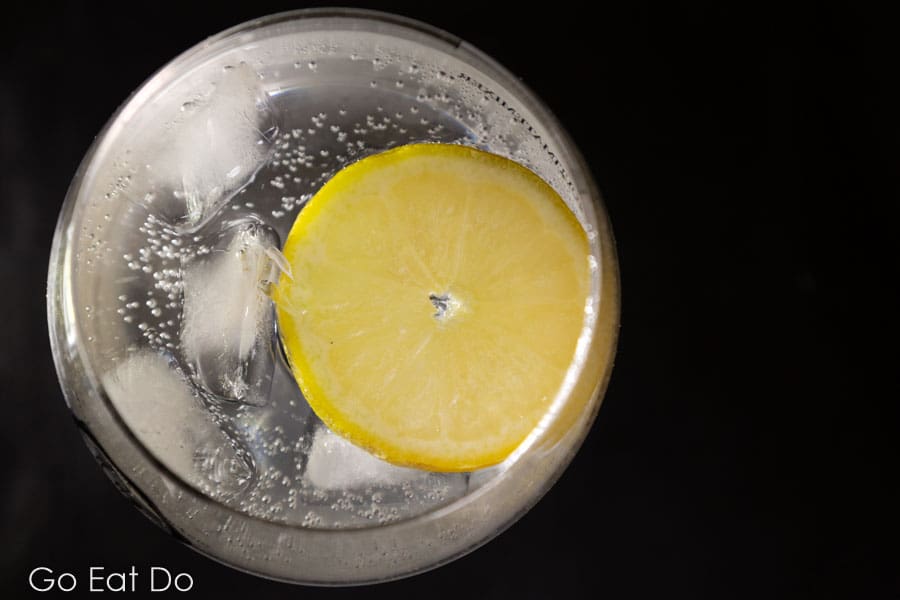 Glass of gin and tonic with ice cubes and lemon