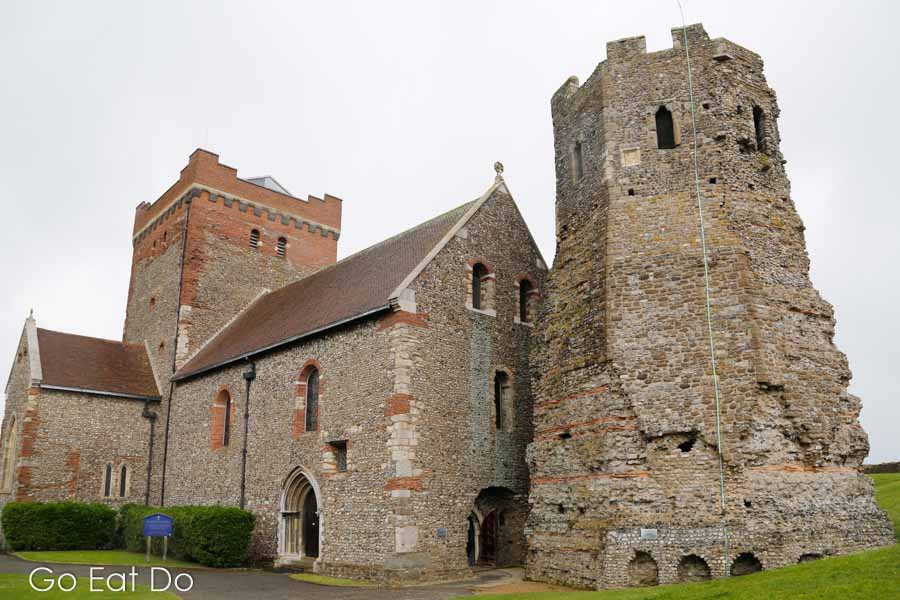 St-Mary-in-Castro church and the Roman Pharos at Dover Castle in Dover, Kent