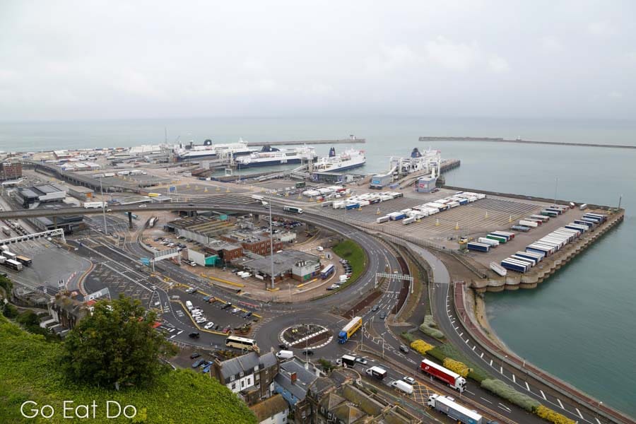 Ferries at the Port of Dover seen from Dover Castle n Kent, England