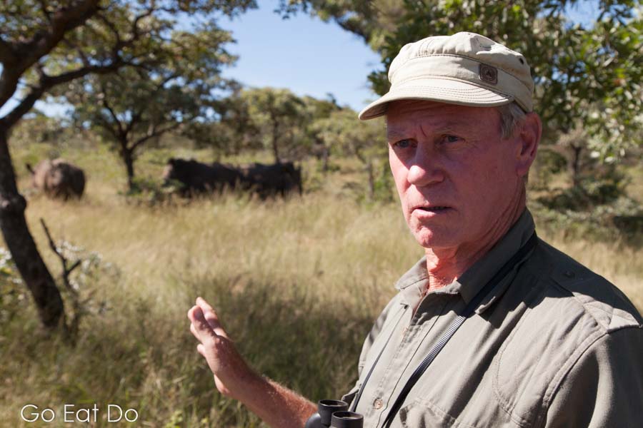 Norman Bourne points out a group of white rhinos, square-lipped rhinoceroses, in Zimbabwe